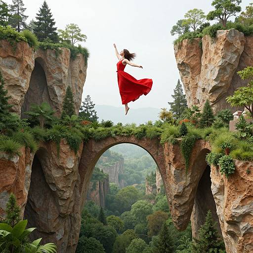 Photograph of a woman in a flowing red dress mid-jump between two lush, green, rocky cliff arches, surrounded by dense trees.