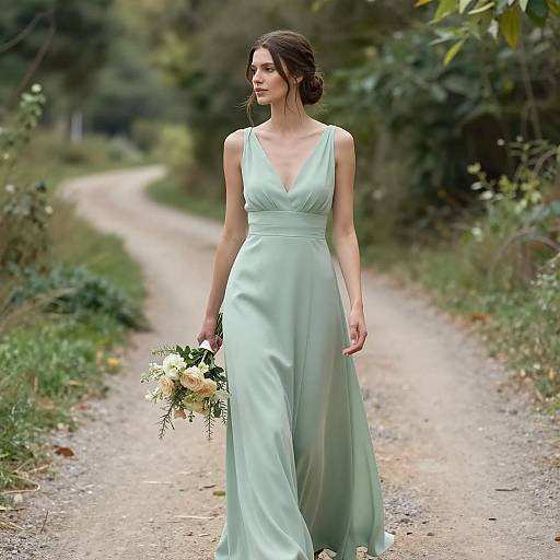 Woman in Sage Green Dress Holding Bouquet on Rustic Path