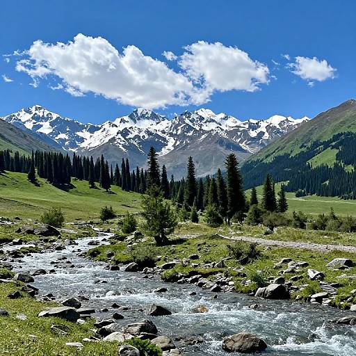 Photograph of a vibrant mountain landscape with snow-capped peaks, lush green meadows, a flowing river with rocks, and a bright blue sky with