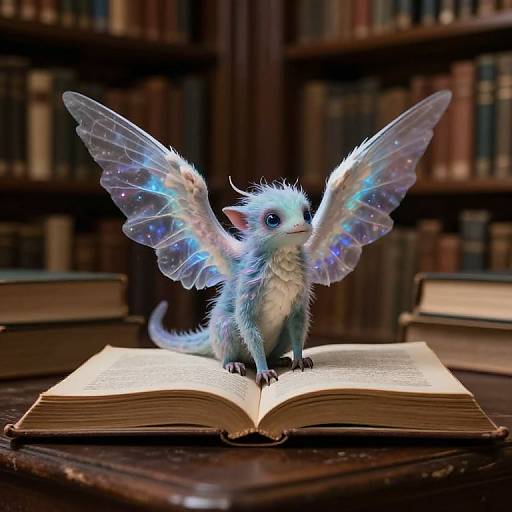Digital artwork of a blue, furry, winged creature with glowing wings sitting on an open book in a library.