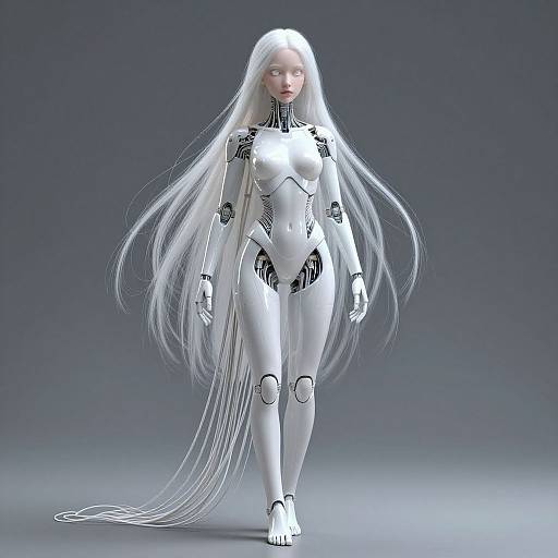 CGI image of a white-haired, robotic female with long, flowing hair, wearing a sleek, white, and black bodysuit, walking against