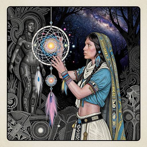 Digital artwork: Native American woman in blue top, white skirt, and yellow-patterned shawl, holding dreamcatcher, against a cosmic night sky