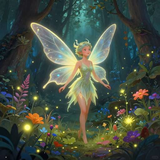 Digital painting of a glowing fairy with translucent wings, green dress made of leaves, standing in a vibrant, enchanted forest with fireflies and colorful flowers.