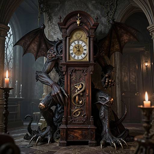 Photograph of a dark, gothic clock with dragon-like statues flanking it, candles lit, in a dimly lit, ornate room.