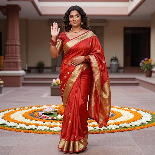 Photograph of a smiling Indian woman in a red and gold saree, standing in front of a colorful flower mandala, waving, with a traditional