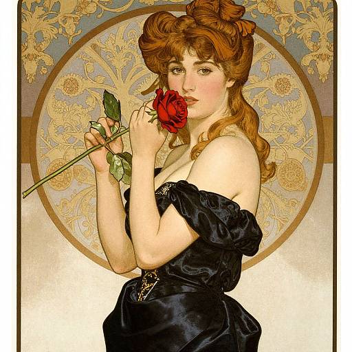 Vintage-style drawing of a fair-skinned woman with red curls, wearing a black off-shoulder dress, holding a red rose, against an orn