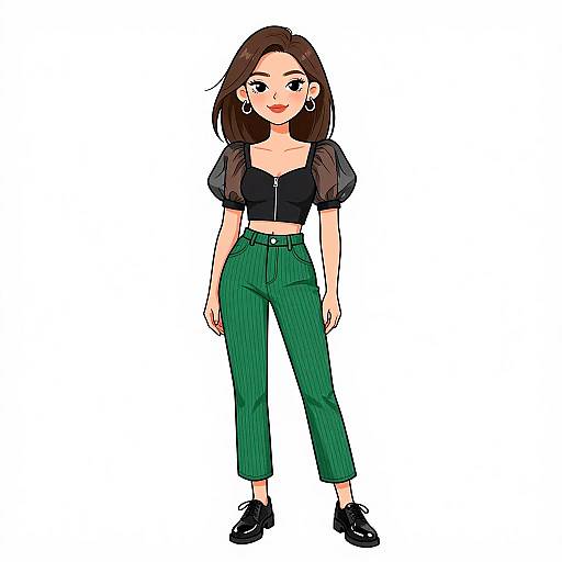 Cartoon-style illustration of a young woman with brown hair, wearing a black top with puffed sleeves, green pinstripe pants, and black loaf
