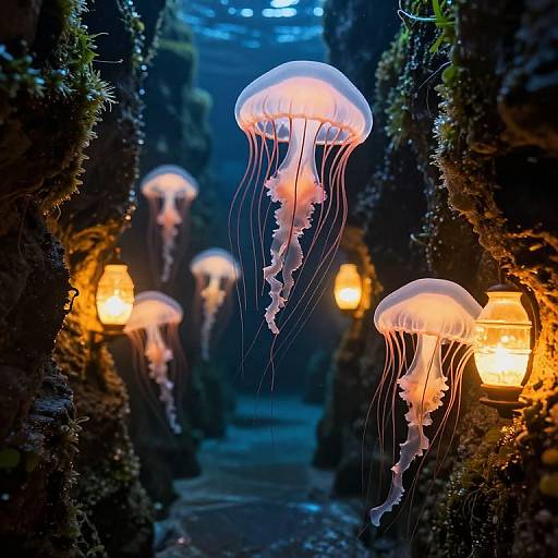 Photograph of glowing jellyfish floating in a dark, mossy tunnel illuminated by warm, orange lanterns, creating an ethereal underwater scene.