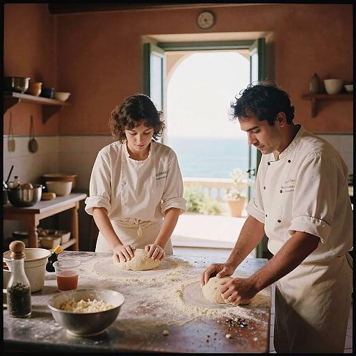 Two Bakers Kneading Dough in Rustic Sicilian Kitchen