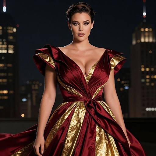 Photograph of a fair-skinned woman with dark hair in an updo, wearing a deep red and gold, V-neck, Renaissance-style gown,
