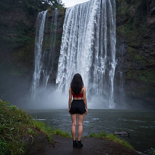Photograph of a woman with long black hair, red top, black shorts, and black shoes, standing on a path, facing a large, casc