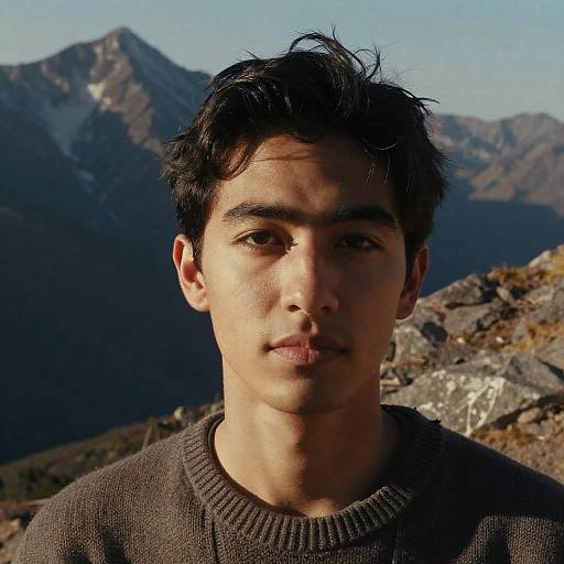 Photograph of a young Asian man with short, dark hair, wearing a brown sweater, standing in front of a mountainous landscape under a clear blue