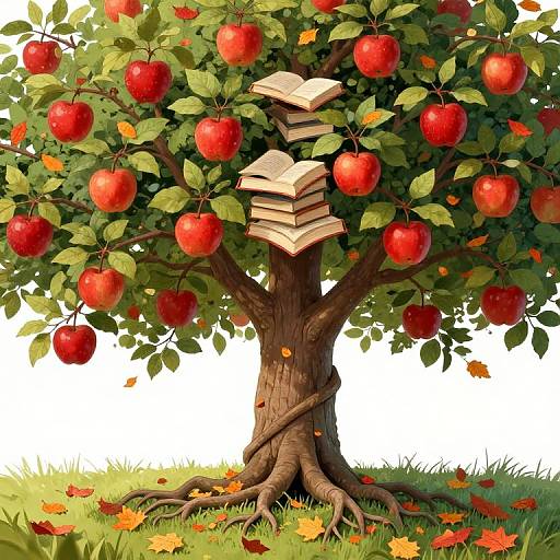 Illustration of a tree with red apples, stacked books on its trunk, surrounded by green leaves and scattered orange leaves on grass.