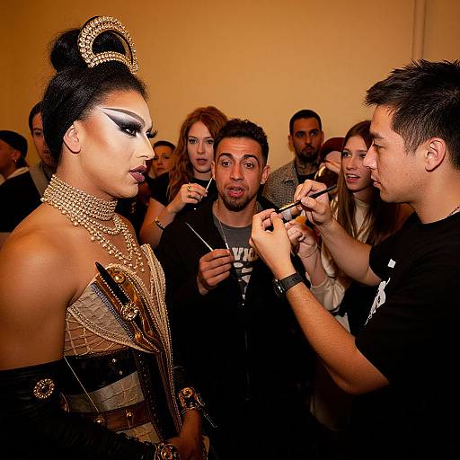 Photograph of a glamorous model with dramatic makeup and gold-embellished outfit being touched up by a male makeup artist in a crowded room.