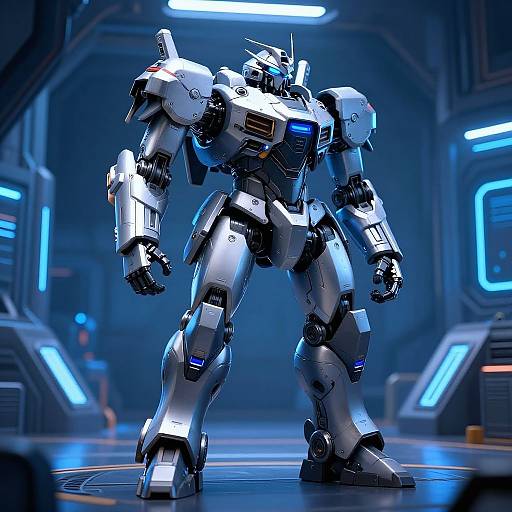 Futuristic Combat Mech in Neon Hangar