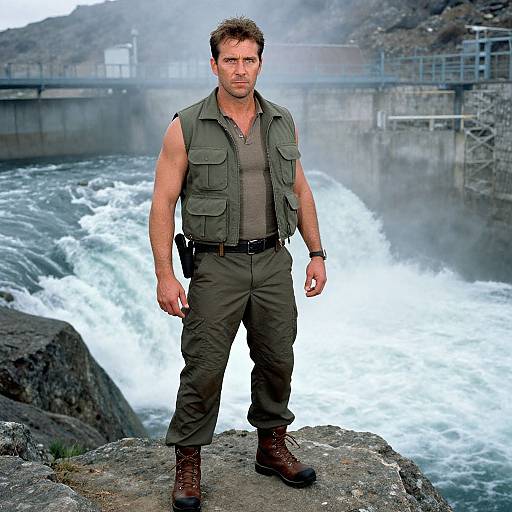 Man in Tactical Gear at Hydroelectric Dam