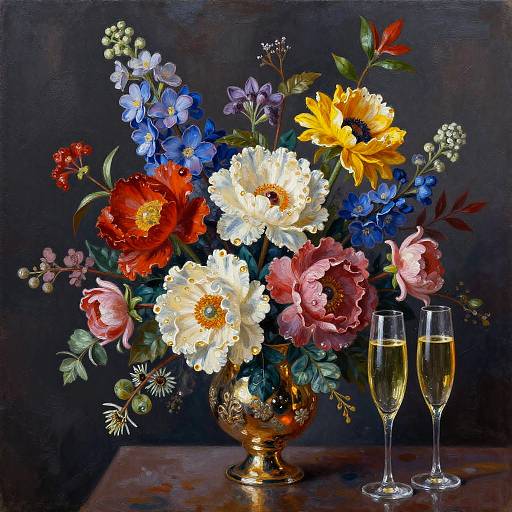 Vibrant Cobalt and Champagne Floral Oil Painting