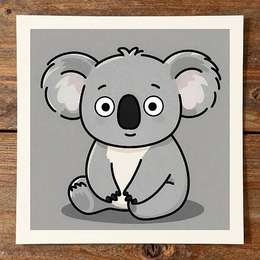 Cute, cartoon-style gray koala with white belly, black nose, and round eyes sits on wooden surface, framed by white border.