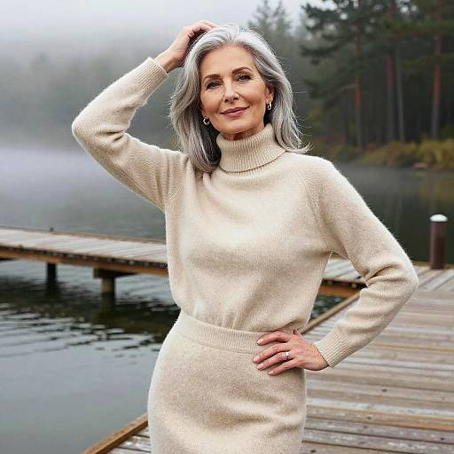 Elegant Mature Woman by Lakeside Pier