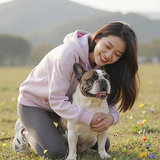 Happy Young Woman Hugging French Bulldog in Park