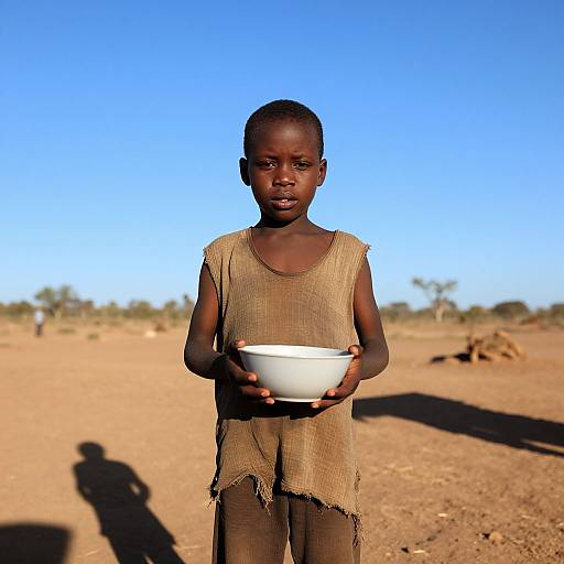 Photograph of a young African boy with dark skin, short hair, wearing a tattered brown sleeveless shirt, holding a white bowl, standing in