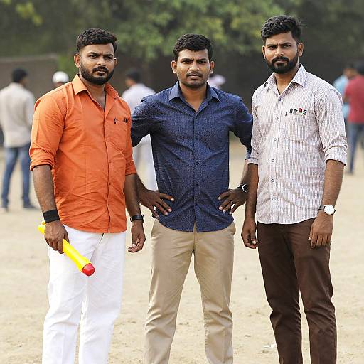 Three Men Posing Outdoors at Sandy Beach