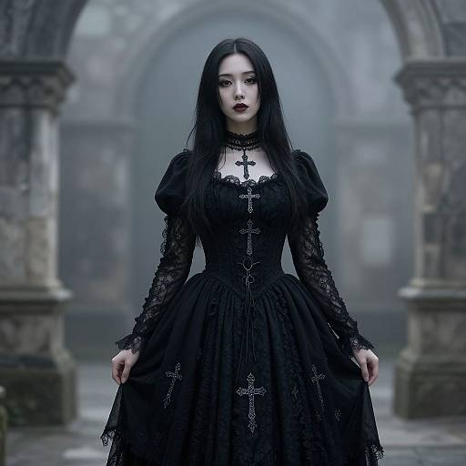 Gothic-style photograph of a pale, dark-haired woman in a black lace dress, standing in a misty, ancient stone archway.