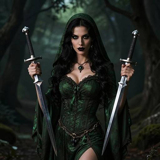 Mystical Woman in Green Holding Two Swords