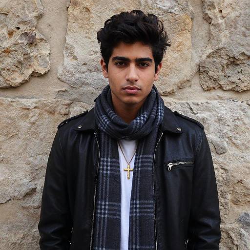 Young Man in Black Leather Jacket and Scarf
