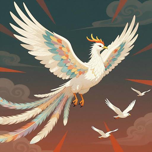 Digital Illustration of White Phoenix in Flight