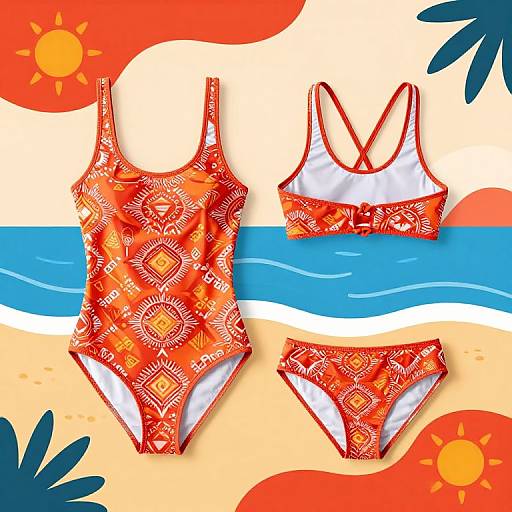 Colorful digital illustration of a vibrant red and orange patterned one-piece swimsuit and bikini top, set against a beach background with blue waves and bright