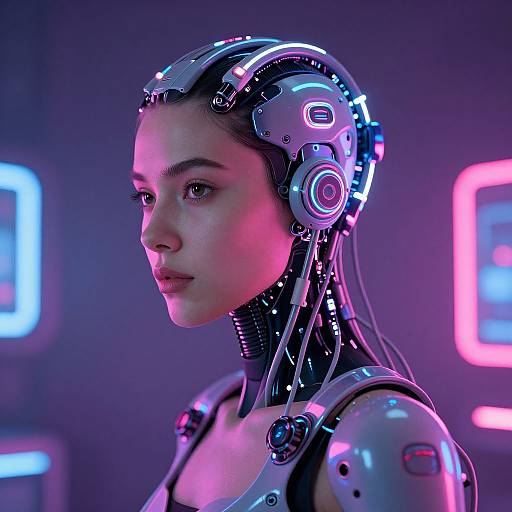 CGI image of a young woman with cybernetic head and shoulders, glowing neon pink and blue lights in the background.