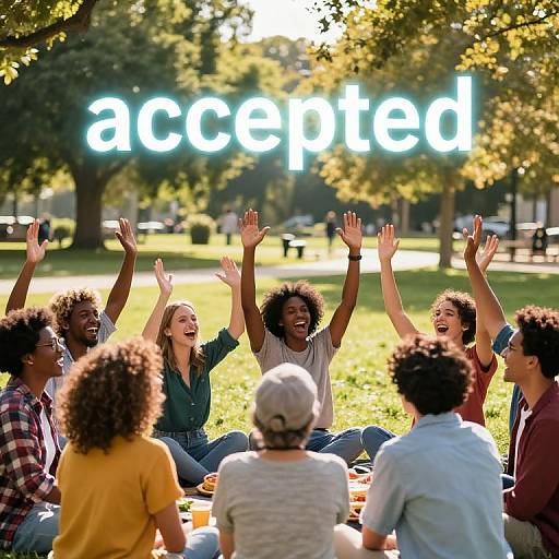 Photograph of diverse group of young adults with raised hands, smiling in a sunlit park, with 