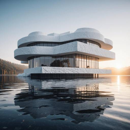 Modern White Foam Building on Calm Lake at Sunrise