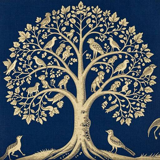 Intricate, white tree illustration with birds perched and nesting on branches against a deep blue background, showcasing detailed foliage and textures.
