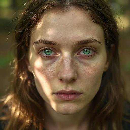 Close-up photograph of a young woman with green eyes, freckled face, and wavy brown hair, sunlight filtering through trees, serious expression.