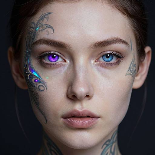 Digital artwork of a young woman with heterochromatic eyes (one purple, one blue), intricate tattoos on her face and neck, against a dark background