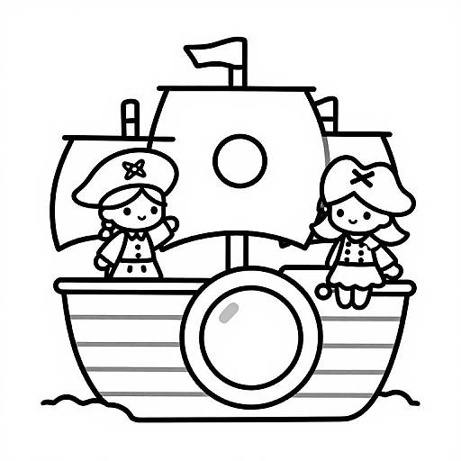 Black and white line drawing of two cute, chibi-style children sailing in a boat with a large wheel, next to a ship with a mast and