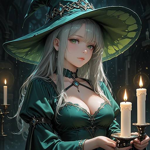 Realistic Witch in Green Dress Holding Candles