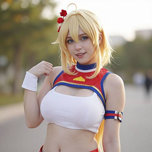 Blonde cosplayer with blue eyes, large breasts, red and white outfit, white wristbands, red hairpin, outdoor park, bright sunlight.