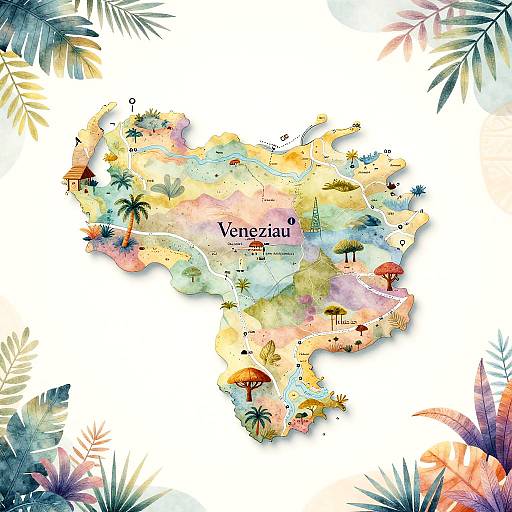 Watercolor map of Vietnam with palm trees, umbrellas, and foliage accents, surrounded by colorful tropical leaves; 