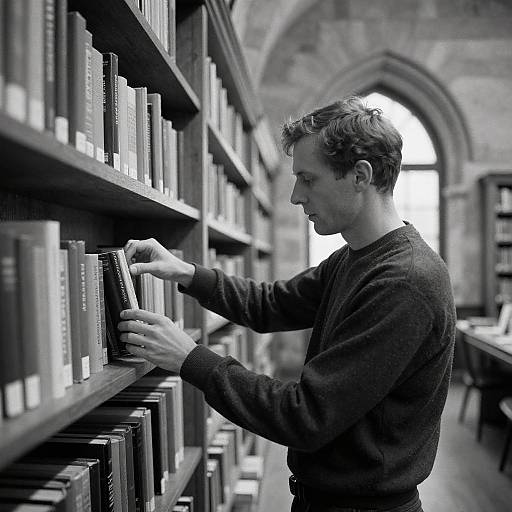 Black-and-white photograph of a man with short hair, wearing a dark sweater, browsing bookshelves in a library with an arched ceiling.