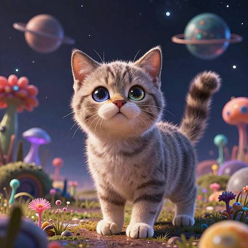 Digital artwork of a cute, wide-eyed, fluffy gray tabby kitten standing in a vibrant, whimsical, space-themed garden with colorful planets, mushrooms