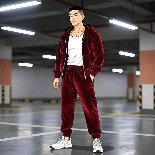Athletic Male in Red Velvet Tracksuit in Parking Garage