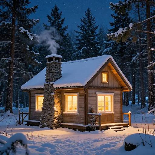 Cozy Snowy Forest Cabin at Night