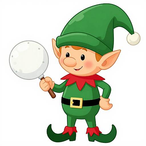 Cartoon elf with green outfit, red collar, black belt, holding magnifying glass, smiling, pointed ears, green hat with white tip, white