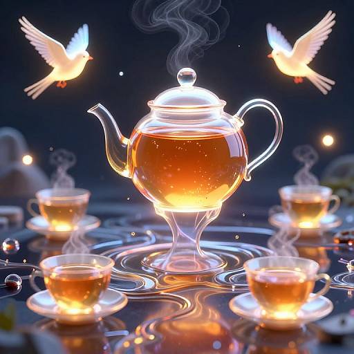 Glowing, ethereal illustration of a translucent tea set with steaming cups, surrounded by floating, illuminated birds against a dark, starry background
