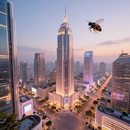 Photograph of a bustling cityscape at dusk, featuring a towering illuminated skyscraper with a flying bee in the foreground.