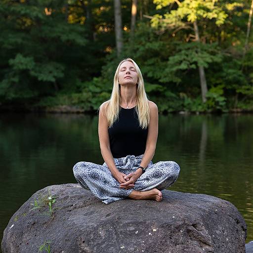 Blonde woman with closed eyes, black tank top, and patterned pants, sits cross-legged on rock by calm forest lake. Photographic image.