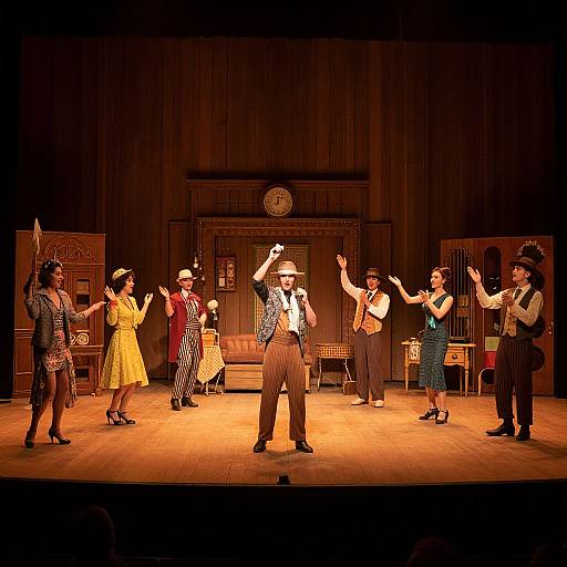 Photograph of a stage musical performance featuring nine dancers in vintage 1920s attire, mid-dance, under warm stage lighting, with a wooden
